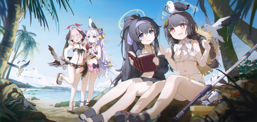 4girls ahoge animal azusa_(blue_archive) azusa_(swimsuit)_(blue_archive) bikini bird black_bikini black_footwear black_hair black_wings blue_archive blue_eyes blush book braid commentary coria crocs day feathered_wings fishing_rod flower frilled_bikini frills grey_halo hair_between_eyes hair_flower hair_ornament halo hat head_wings highres holding holding_book koharu_(blue_archive) koharu_(swimsuit)_(blue_archive) leaf_print long_hair low_twintails miyu_(blue_archive) miyu_(swimsuit)_(blue_archive) multiple_girls navel ocean official_alternate_costume open_book open_mouth outdoors palm_tree pink_bikini pink_hair ponytail print_bikini purple_bikini purple_eyes purple_flower red_eyes red_halo sandals seagull sitting straw_hat swimsuit symbol-only_commentary tree twin_braids twintails ui_(blue_archive) ui_(swimsuit)_(blue_archive) white_bikini white_hair white_wings wings yellow_halo