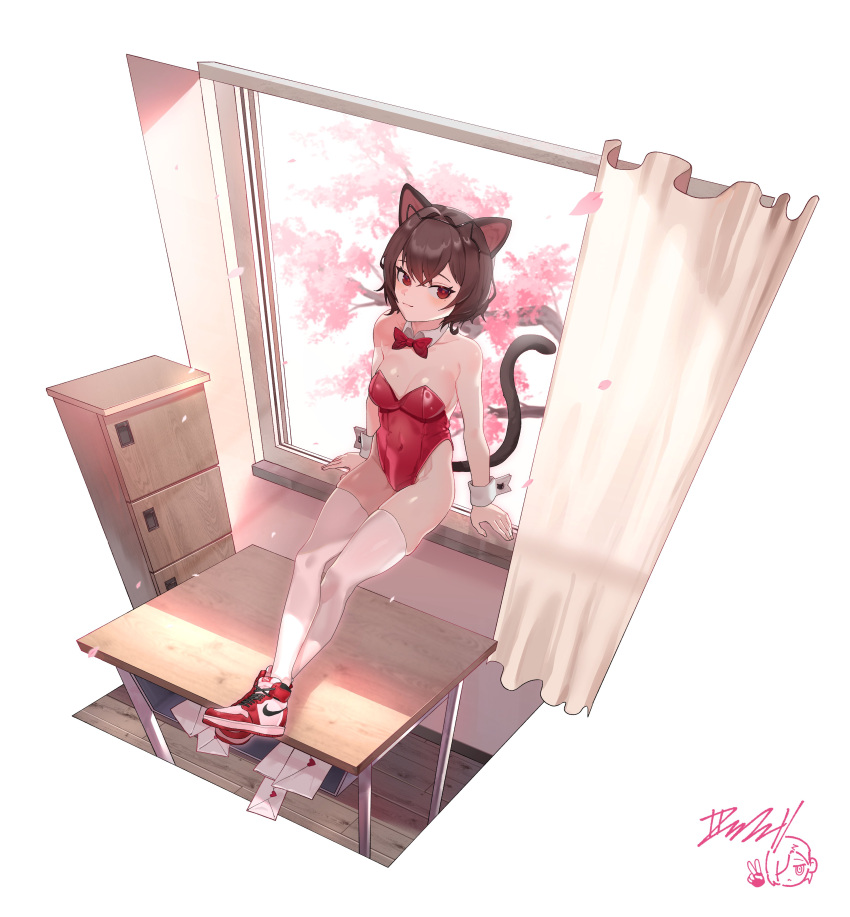 1girl absurdres air_jordan air_jordan_1 animal_ear_hairband animal_ears arm_support bare_arms bare_shoulders black_hairband black_tail bow bowtie breasts brown_hair cabinet cat_ear_hairband cat_ears cat_tail cherry_blossoms classroom collar commission covered_navel desk detached_collar fake_animal_ears falling_leaves feet_on_table firran0830 full_body hairband highleg highleg_leotard highres indoors leaf leotard looking_at_viewer love_letter medium_breasts mole mole_on_breast mole_under_eye nike_(company) original playboy_bunny prunechi red_bow red_bowtie red_eyes red_leotard school_desk short_hair sitting sitting_in_window skin_tight skindentation solo strapless strapless_leotard sunlight tail thighhighs white_background white_collar white_thighhighs wing_collar wooden_floor wrist_cuffs