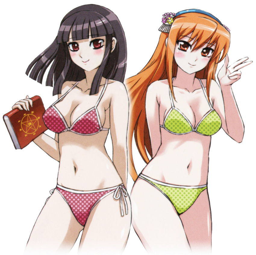 2girls beatmania_iidx bikini black_hair blunt_bangs book breasts closed_mouth goli_matsumoto green_bikini hair_between_eyes hair_ornament hairband highres hinazuki_ririna holding holding_book large_breasts long_hair medium_hair multiple_girls official_art orange_eyes orange_hair red_bikini red_eyes side-tie_bikini_bottom sidelocks smile swimsuit umegiri_iroha