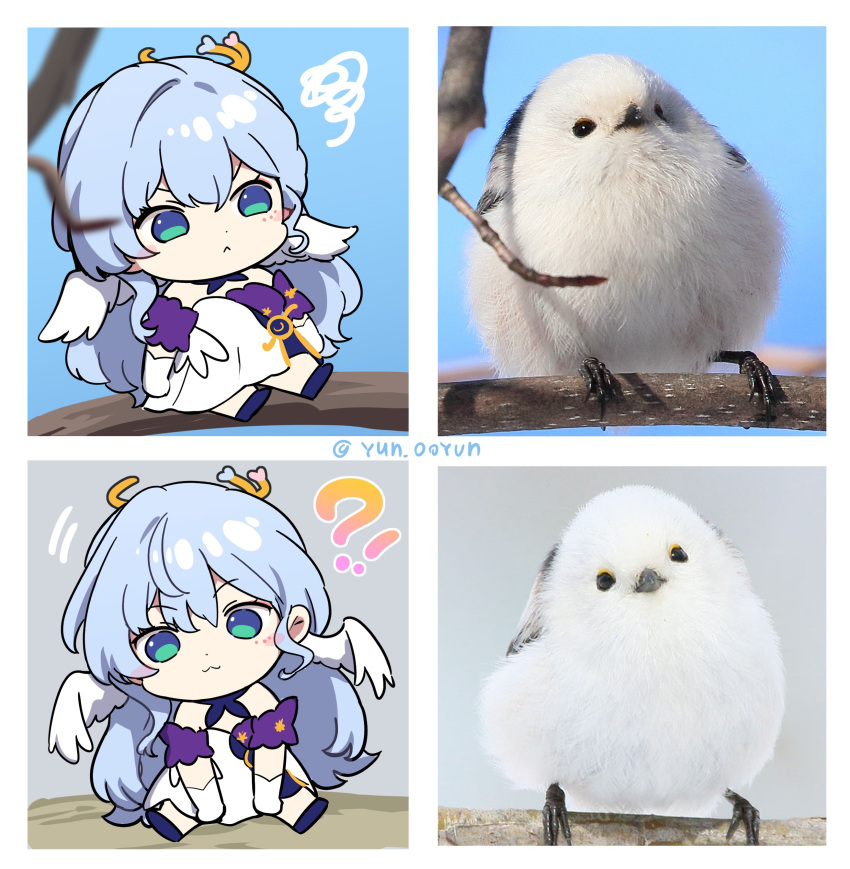 !? :3 absurdres bird blue_hair chibi closed_mouth detached_sleeves dress facial_mark gloves hair_between_eyes halo head_wings highres honkai:_star_rail honkai_(series) long_hair looking_at_viewer multicolored_eyes ooyun purple_dress robin_(honkai:_star_rail) short_sleeves sitting two-tone_dress v-shaped_eyebrows white_dress white_gloves white_wings wings