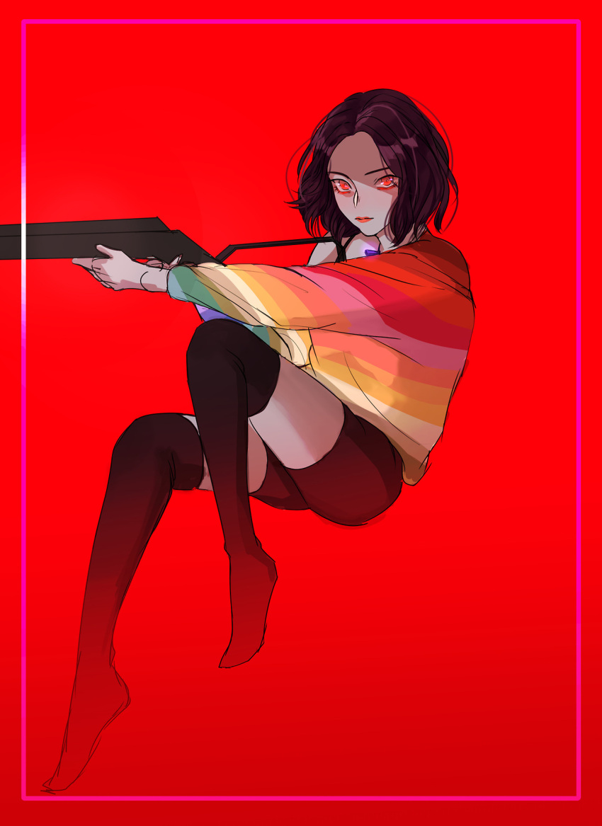 1girl 254-nm animification black_hair black_shorts black_thighhighs commentary_request gun highres holding holding_gun holding_weapon invisible_chair k-pop korean_commentary looking_at_viewer multicolored_shirt real_life red_background red_eyes red_lips red_velvet_(group) short_hair shorts simple_background sitting solo thighhighs weapon yeri_(red_velvet)