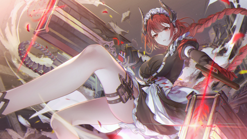 1girl absurdres apron ass bare_legs black_dress braid breasts dot_nose dress duet_night_abyss feet_out_of_frame fighting floating floating_hair gloves gun highres holding holding_gun holding_weapon huge_breasts jumping long_hair looking_at_viewer maid_apron maid_headdress no_panties ozzingo red_eyes red_gloves red_hair solo thighs tight_clothes tight_dress twin_braids very_long_hair weapon