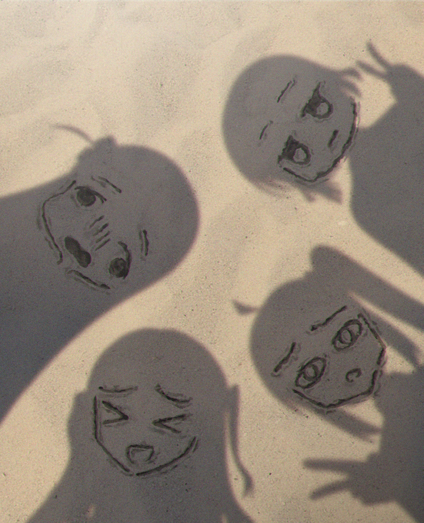 &gt;_&lt; 4girls @_@ absurdres bocchi_the_rock! drawing_(object) gotoh_hitori hashtag-only_commentary highres ijichi_nijika jitome jongho_bak kita_ikuyo multiple_girls one_side_up outdoors sand sand_art shadow side_ponytail v yamada_ryo