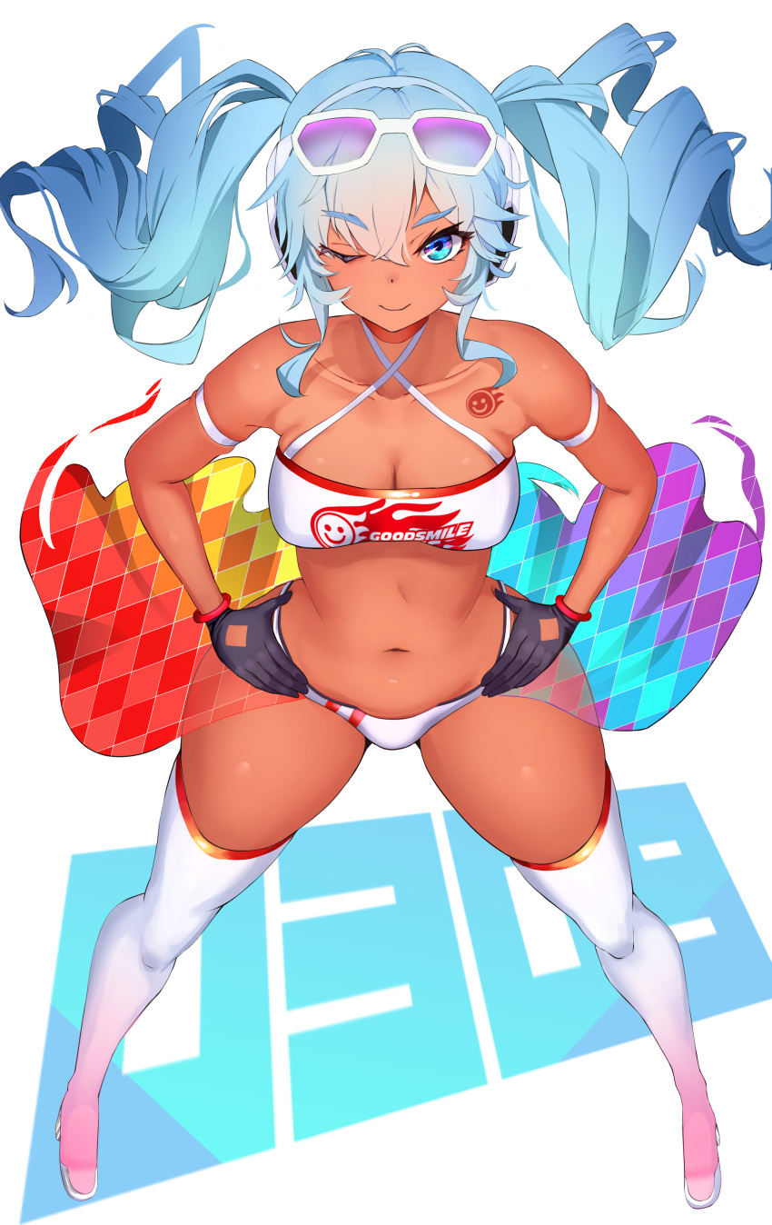 1girl ;) absurdres arm_strap b-pang bangs black_gloves blue_hair boots breasts clothes_writing criss-cross_halter crop_top dark-skinned_female dark_skin eyebrows_visible_through_hair eyewear_on_head full_body gloves hair_between_eyes halterneck hands_on_hips hatsune_miku high_heel_boots high_heels highres long_hair looking_at_viewer medium_breasts navel one_eye_closed panties simple_background smile solo spread_legs standing stomach sunglasses thigh_boots thighhighs twintails underwear vocaloid white_background white_legwear white_panties
