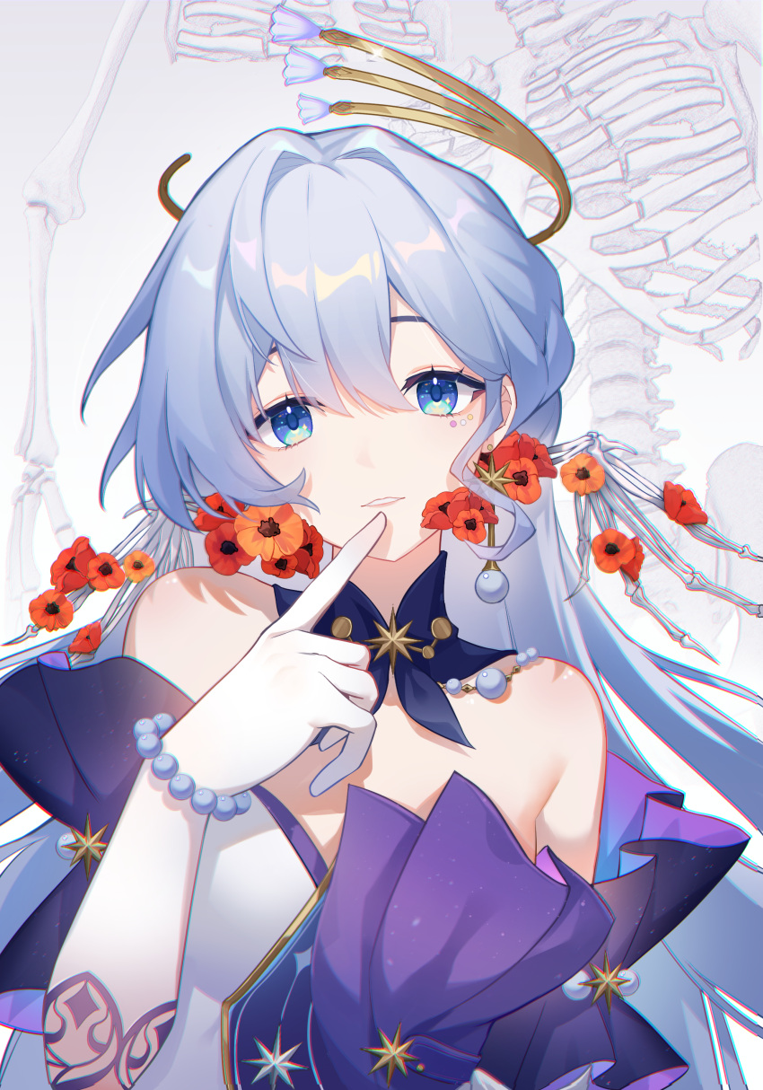 1girl absurdres aqua_eyes bare_shoulders bead_bracelet beads blue_hair bracelet death_(entity) detached_sleeves dress earrings finger_to_mouth gloves hair_between_eyes halo highres honkai:_star_rail honkai_(series) huang_tie_lin index_finger_raised jewelry looking_at_viewer parted_lips purple_dress robin_(honkai:_star_rail) short_sleeves skeletal_wings solo upper_body white_dress white_gloves wings