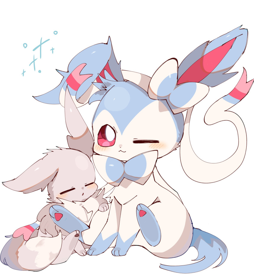 alternate_color baniragum blue_fur blush bow bright_pupils closed_eyes eevee grey_fur highres multicolored_fur no_humans one_eye_closed pink_eyes pink_fur pokemon pokemon_(creature) ribbon shiny_pokemon simple_background sitting smile sylveon white_background white_fur white_pupils