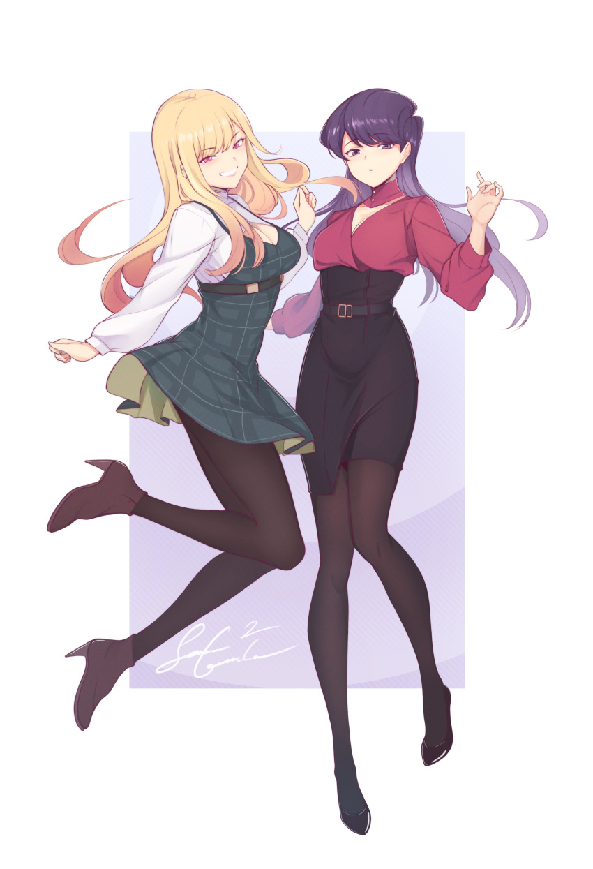 2girls absurdres belt black_skirt blonde_hair breasts cleavage cleavage_cutout clothing_cutout commentary crossover dress english_commentary full_body furrowed_brow green_dress grin hand_up high-waist_skirt high_heels highres jumping kitagawa_marin komi-san_wa_komyushou_desu komi_shouko long_hair looking_at_viewer multiple_girls pantyhose parted_lips pinafore_dress puffy_sleeves purple_eyes purple_hair red_eyes red_shirt senacolada shirt signature skirt sleeveless sleeveless_dress smile sono_bisque_doll_wa_koi_wo_suru two-tone_dress v-shaped_eyebrows white_shirt