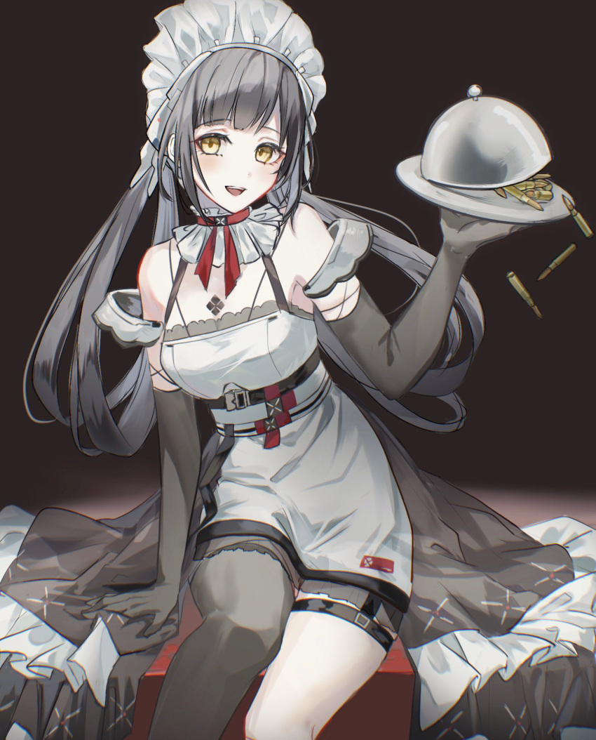 1girl annabella_(tower_of_fantasy) bare_shoulders black_gloves black_thighhighs dress elbow_gloves gloves grey_hair hair_rings highres holding holding_tray long_hair looking_at_viewer maid maid_headdress multicolored_hair open_mouth serving_dome sitting sleeveless sleeveless_dress smile solo streaked_hair thighhighs tomo_gento tower_of_fantasy tray very_long_hair white_dress yellow_eyes
