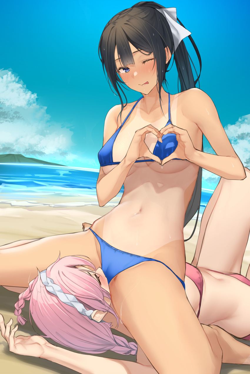 2girls :p absurdres bare_arms bare_legs bare_shoulders beach bikini black_hair blue_bikini blue_eyes blush breasts closed_eyes commission cunnilingus cunnilingus_through_clothes day hair_ornament hair_ribbon heart heart_hands highres large_breasts long_hair looking_at_viewer lying multiple_girls navel on_back one_eye_closed oral original outdoors pallad pink_bikini pink_hair ponytail ribbon sitting sitting_on_face sitting_on_person skeb_commission swimsuit tan tanlines tongue tongue_out underboob water white_ribbon yuri