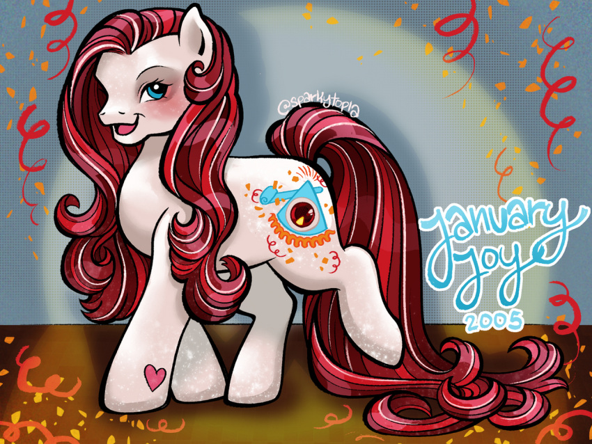 2024 artist_name blue_eyes blush colored confetti cutie_mark digital_drawing_(artwork) digital_media_(artwork) earth_pony english_text equid equine eyebrows eyelashes female fur gem gem_on_hip hair hasbro heart_(marking) hooves horse inside january_joy_(mlp) jewel_pony long_hair long_mane long_tail mammal mane markings mlp_g3 my_little_pony open_mouth open_smile pony quadruped raised_leg red_hair red_mane red_tongue ruby_(gem) shaded smile solo sparkytopia streamers tail text tongue walking wall_(structure) wavy_hair wavy_mane wavy_tail white_body white_fur white_hooves