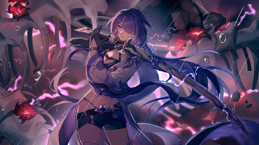 1girl acheron_(honkai:_star_rail) bandaged_leg bandages belt black_belt black_gloves black_hole black_shorts breasts chain chain_around_arm cleavage closed_mouth coat coattails commentary cowboy_shot criss-cross_halter debris earrings electricity flower gloves hair_intakes hair_ornament hair_over_one_eye halterneck highres holding holding_sword holding_weapon honkai:_star_rail honkai_(series) jewelry large_breasts leg_tattoo long_hair looking_at_viewer midriff multicolored_hair navel purple_eyes purple_hair rain red_flower scabbard sheath sheathed short_shorts shorts single_wide_sleeve solo streaked_hair sword szlljxk tattoo thighs very_long_hair water_drop weapon white_coat