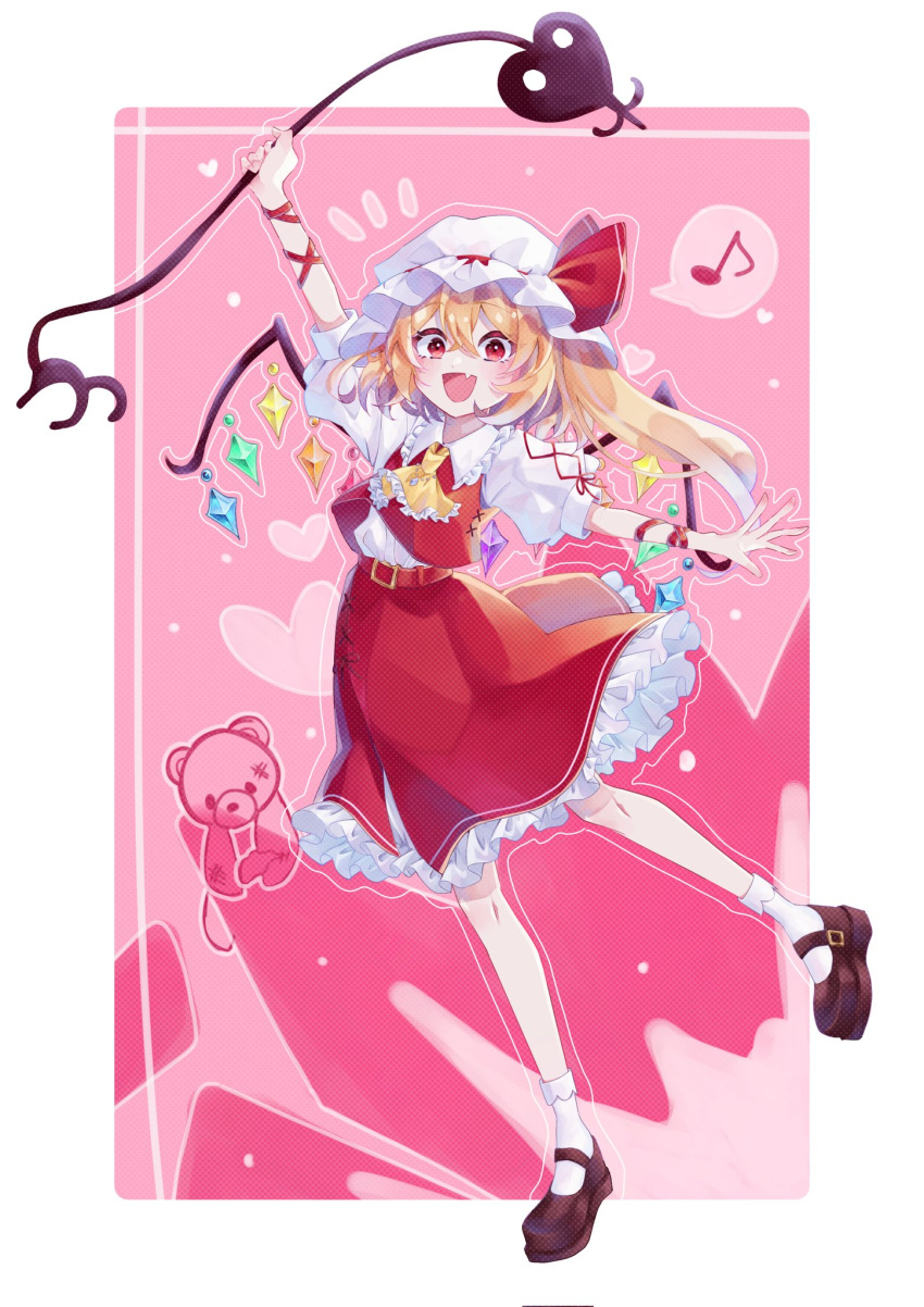 1girl :d arm_ribbon arm_up ascot belt black_footwear blonde_hair blush border bow colored_eyelashes commentary_request crossed_bangs crystal diamond_(gemstone) double-parted_bangs fang flandre_scarlet floating_hair frilled_ascot frilled_skirt frills full_body hair_between_eyes happy hat hat_bow heart high-waist_skirt highres holding holding_weapon laevatein_(touhou) long_hair looking_at_viewer mary_janes mob_cap musical_note notice_lines open_mouth outstretched_arms outstretched_hand pink_background puffy_short_sleeves puffy_sleeves red_belt red_bow red_eyes red_ribbon red_skirt red_vest ribbon sa_sizuku shirt shoes short_sleeves side_ponytail simple_background skirt smile socks solo speech_bubble spoken_musical_note standing standing_on_one_leg touhou vest weapon white_border white_hat white_shirt white_socks wings yellow_ascot