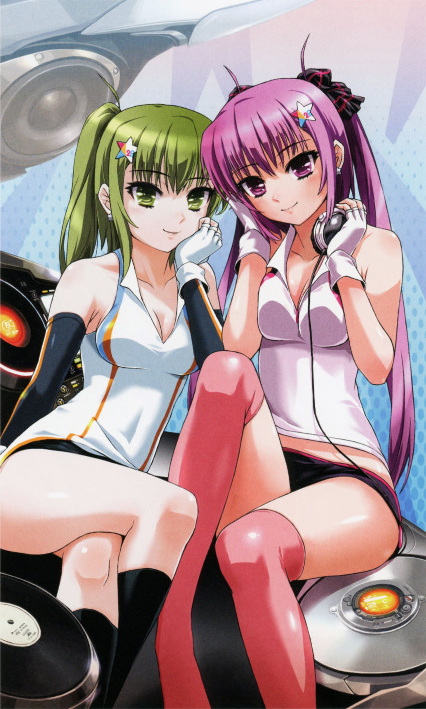 2girls absurdres bare_shoulders beatmania_iidx breasts cleavage fingerless_gloves gloves goli_matsumoto green_eyes green_hair hair_between_eyes hair_ornament headphones highres kitami_erika long_hair mizushiro_celica multiple_girls official_art pink_eyes pink_hair side_ponytail sidelocks thighs turntable twintails white_gloves