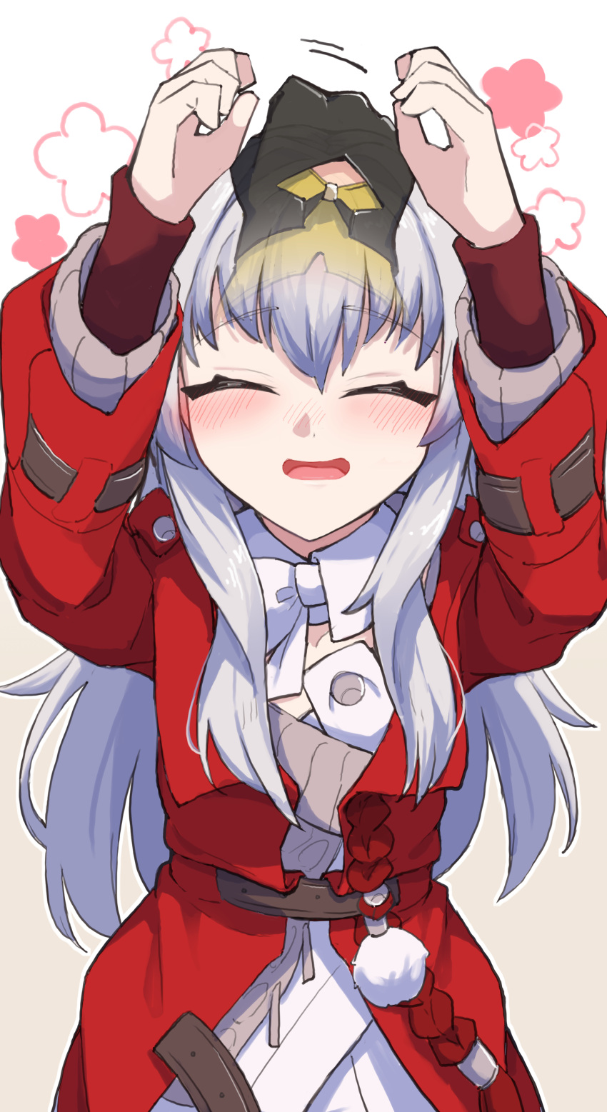 1girl absurdres blush clara_(honkai:_star_rail) gloves hand_on_another's_head happy headpat highres honkai:_star_rail honkai_(series) jacket long_hair nemu7777 open_mouth red_jacket simple_background smile trailblazer_(honkai:_star_rail) white_background white_hair