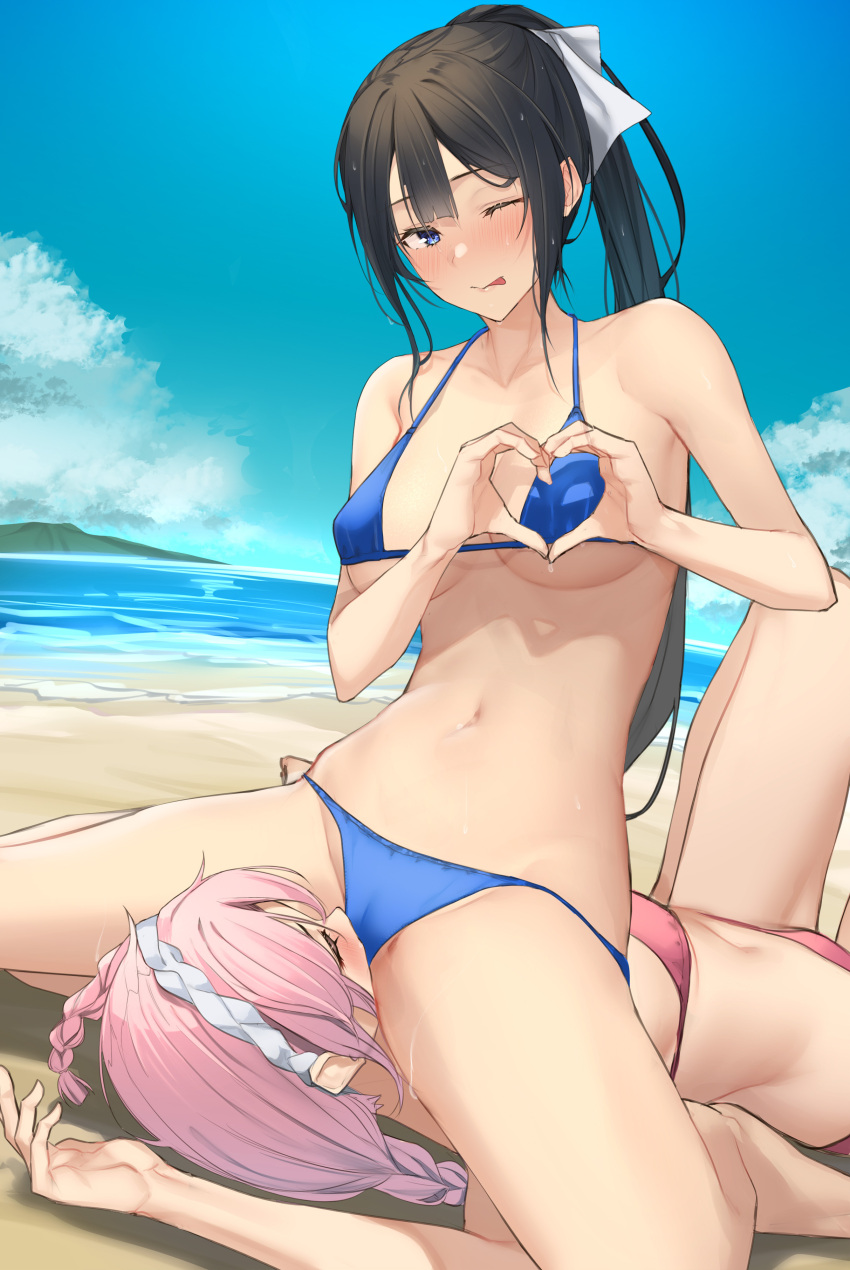 2girls :p absurdres bare_arms bare_legs bare_shoulders beach bikini black_hair blue_bikini blue_eyes blush breasts closed_eyes commission cunnilingus cunnilingus_through_clothes day hair_ornament hair_ribbon heart heart_hands highres large_breasts long_hair looking_at_viewer lying multiple_girls navel on_back one_eye_closed oral original outdoors pallad pink_bikini pink_hair ponytail ribbon sitting sitting_on_face sitting_on_person skeb_commission swimsuit tongue tongue_out underboob water white_ribbon yuri