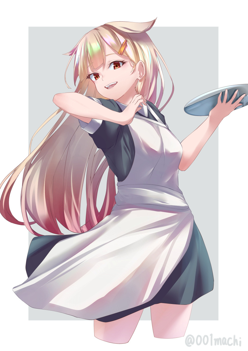 001machi 1girl absurdres alternate_costume apron black_dress blonde_hair dress gradient_hair grey_background hair_flaps hair_ornament hairclip highres kantai_collection long_hair maid multicolored_hair one-hour_drawing_challenge red_eyes red_hair smile solo tray two-tone_background white_apron yuudachi_(kancolle) yuudachi_kai_ni_(kancolle)