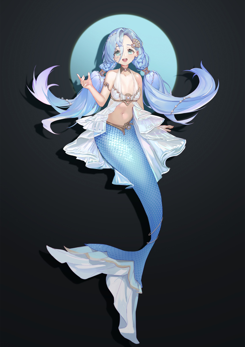 1girl 37_(reverse:1999) :d absurdres alternate_costume arm_support bare_arms bare_shoulders bikini bikini_top_only black_background blue_eyes blue_hair breasts circle floating_hair full_body hair_between_eyes hand_up highres kneeless_mermaid layered_bikini long_hair looking_at_viewer low_twintails navel pearl_hair_ornament reverse:1999 shadow shell shell_bikini shell_hair_ornament siole small_breasts smile solo stomach swimsuit teeth twintails upper_teeth_only very_long_hair white_bikini