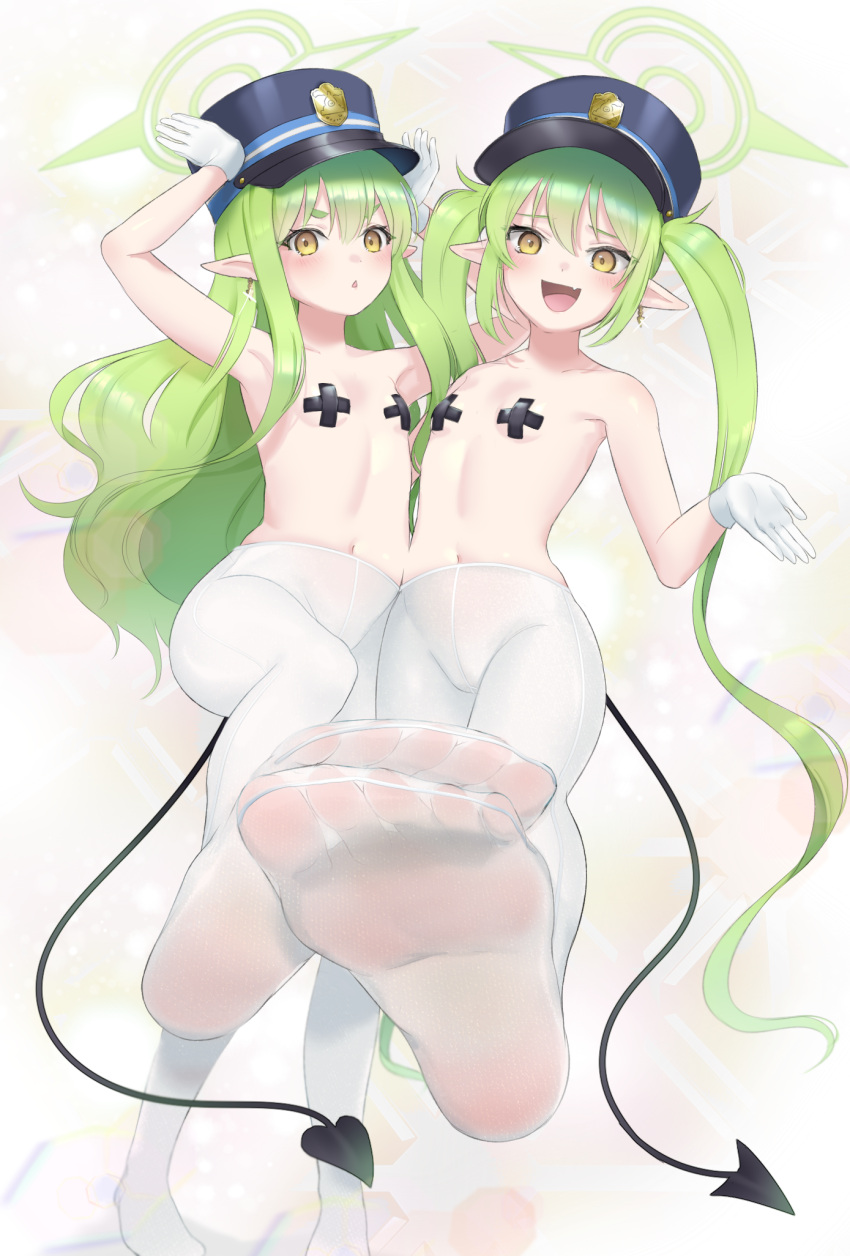 2girls blue_archive blush demon_tail feet green_hair halo hat highres hikari_(blue_archive) long_hair looking_at_viewer multiple_girls navel nelly_(altsarespicy) nozomi_(blue_archive) open_mouth pantyhose rabbit_pose siblings sisters smile soles tail toes twins twintails wavy_hair