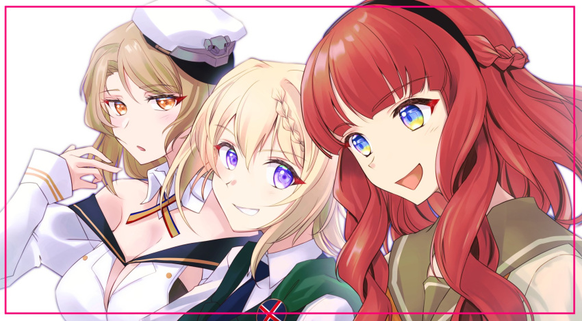 3girls badge blonde_hair blue_eyes blue_necktie blunt_bangs braid breasts commentary_request de_ruyter_(kancolle) french_braid green_sailor_collar green_vest hat highres houston_(kancolle) kantai_collection large_breasts light_brown_hair long_hair military_uniform multiple_girls necktie orange_eyes perth_(kancolle) red_hair sailor_collar school_uniform serafuku tsukasa_(tukasa_br) uniform upper_body vest white_hat