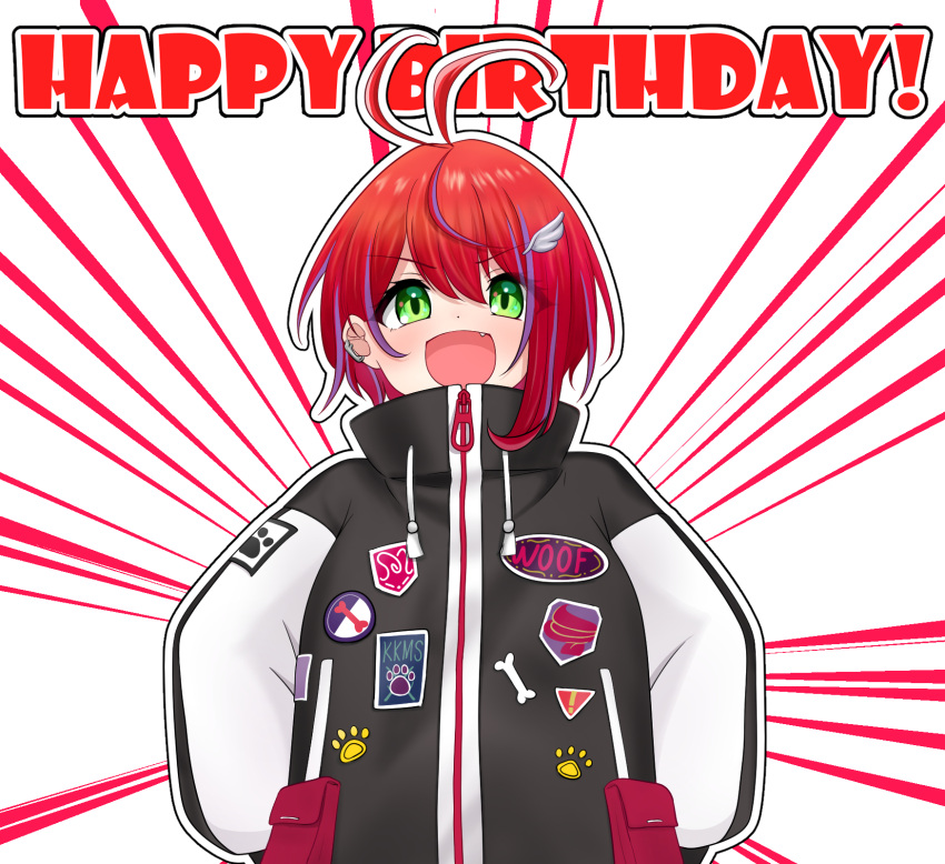 1girl :d akane_canna akane_canna_(2nd_costume) antenna_hair black_coat blush bone coat commentary_request cuore_0624 earclip fang green_eyes hair_between_eyes happy_birthday highres lapel_pin long_sleeves looking_at_viewer medium_bangs multicolored_coat multicolored_hair nanashi_inc. official_alternate_costume open_mouth oversized_clothes patch paw_print purple_hair red_hair short_hair smile solo streaked_hair two-tone_coat two-tone_hair upper_body virtual_youtuber white_background white_coat