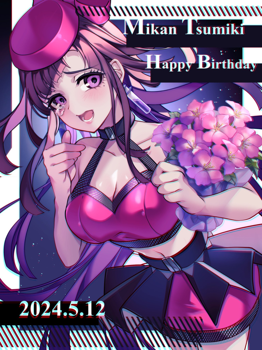 1girl belt black_belt black_hair black_skirt bouquet breasts character_name cleavage danganronpa_(series) danganronpa_2:_goodbye_despair dated flower hand_up happy_birthday hat highres holding holding_bouquet large_breasts long_hair lower_teeth_only miniskirt mole mole_under_eye navel nota_sayaka official_alternate_costume pink_eyes pink_flower pink_hat pink_skirt purple_background skirt solo tearing_up teeth tsumiki_mikan