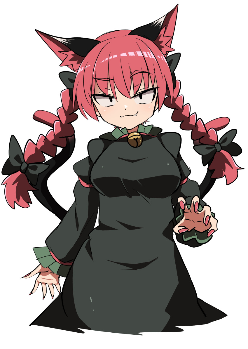 1girl absurdres animal_ears bell black_dress braid cat_ears cat_tail chups closed_mouth dress extra_ears fang fingernails highres jingle_bell kaenbyou_rin long_fingernails long_hair long_sleeves looking_at_viewer multiple_tails nail_polish red_hair red_nails sharp_fingernails simple_background sleeve_garter smile solo tail touhou twin_braids two_tails white_background