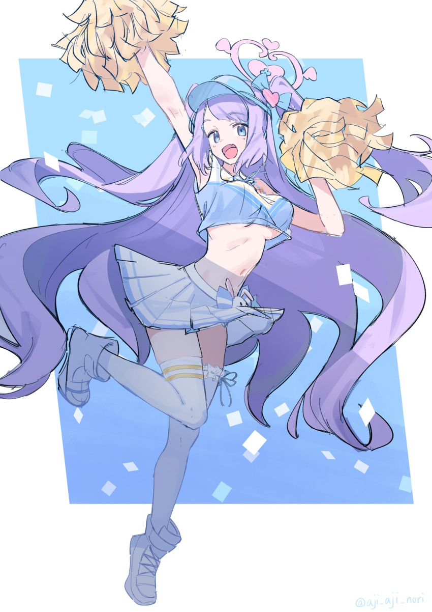 1girl aji_aji_nori arm_up blue_archive blue_eyes blue_hat boots breasts cheerleader confetti crop_top full_body halo hanae_(blue_archive) hanae_(cheer_squad)_(blue_archive) hat heart highres holding holding_pom_poms long_hair looking_at_viewer midriff open_mouth pleated_skirt pom_pom_(cheerleading) purple_eyes purple_hair shoes sidelocks skirt sleeveless solo thighhighs twitter_username two_side_up very_long_hair visor_cap white_footwear white_skirt white_thighhighs