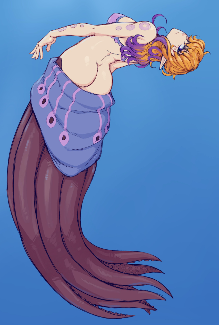 1girl absurdres ass blue_eyes bra breasts closed_mouth highres ittla looking_at_viewer medium_hair monster_girl monster_girl_encyclopedia orange_hair purple_hair scylla scylla_(monster_girl_encyclopedia) second-party_source solo submerged suction_cups tentacles underwear