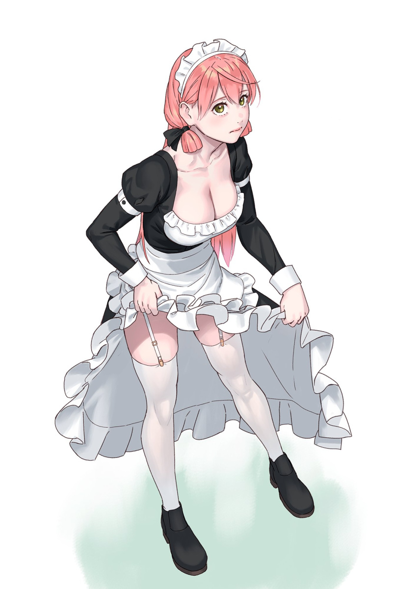 1girl akashi_(kancolle) alternate_costume apron black_dress black_footwear breasts cleavage closed_mouth dress enmaided frilled_apron frills full_body green_eyes highres juliet_sleeves kantai_collection large_breasts long_hair long_sleeves looking_at_viewer maid maid_headdress pink_hair puffy_sleeves shoes solo thighhighs white_apron white_thighhighs yuuji_(and)