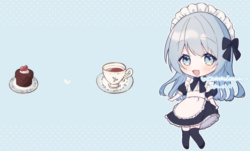 1girl :3 akuo_11 apron blue_background blue_eyes blue_hair blush bow cake commission cup dress food full_body long_hair looking_at_viewer maid maid_headdress open_mouth original plate saucer skeb_commission smile solo teacup thighhighs