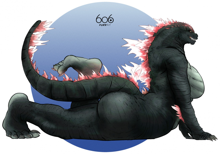5_toes 6o6furrart anthro arched_back big_butt big_feet breasts butt claws countershade_feet countershading crossgender curling_toes curvy_figure feet female godzilla godzilla_(series) hi_res humanoid_feet kaiju monster nude on_ground plantigrade reptile scalie simple_background smile soles solo tail teeth thick_thighs toe_claws toes toho voluptuous