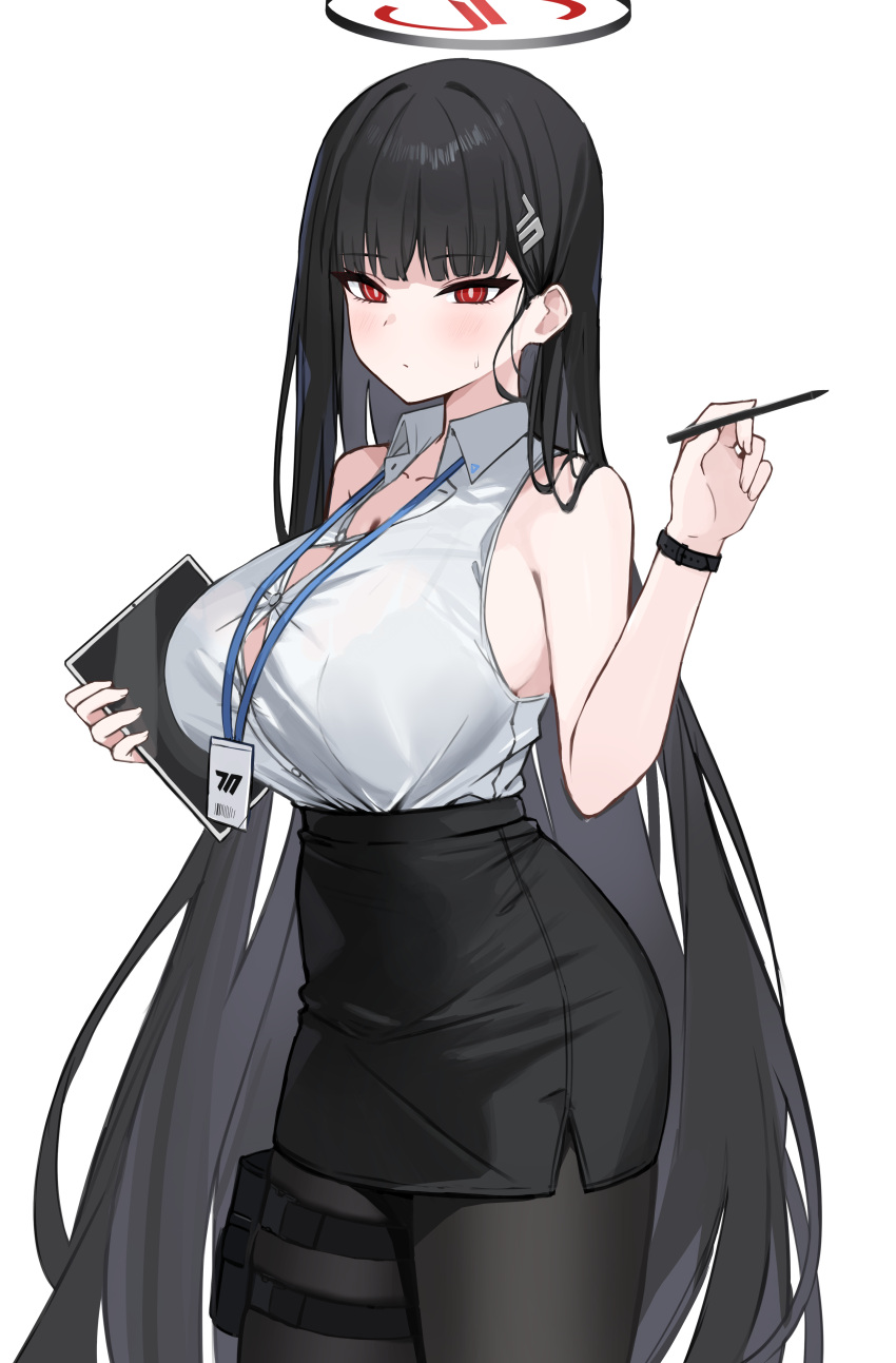 1girl absurdres black_hair black_pantyhose black_skirt blue_archive blush breasts cleavage closed_mouth collarbone collared_shirt hair_ornament hairpin halo highres holding holding_pen holding_tablet_pc id_card large_breasts long_hair looking_at_viewer pantyhose pen rahy red_eyes rio_(blue_archive) shirt simple_background skirt sleeveless sleeveless_shirt solo tablet_pc white_background white_shirt