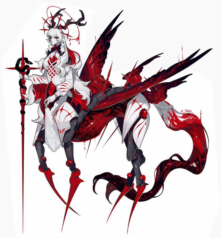 1girl absurdres animal_ears antlers black_horns colored_skin crrn feathered_wings from_side full_body half_updo halo highres holding holding_staff horns jacket long_hair looking_at_viewer monster_girl multicolored_hair multiple_halos multiple_wings original pelvic_curtain red_eyes red_hair red_nails red_wings simple_background smile solo spikes staff tail taur twitter_username two-tone_hair white_background white_hair white_jacket white_skin wings