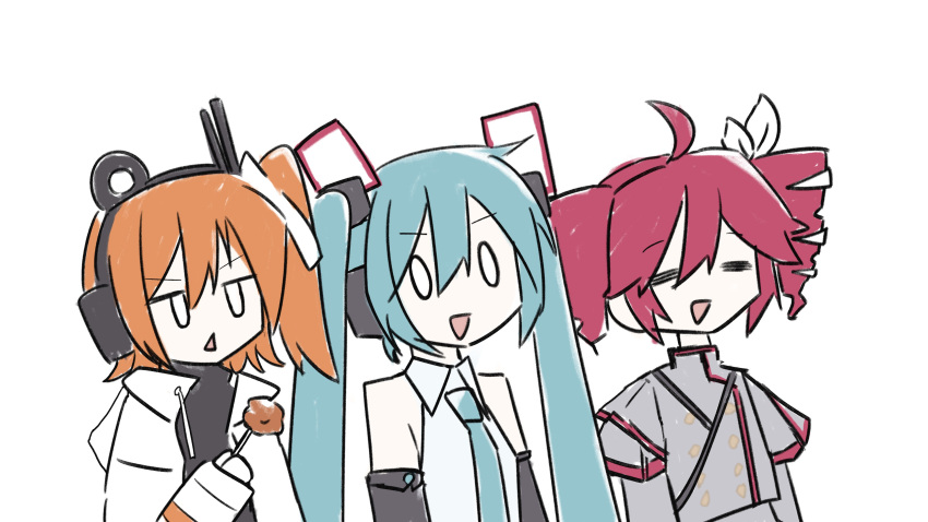 3girls =_= a.i._voice absurdres adachi_rei aqua_hair bare_shoulders black_shirt black_sleeves bow buttons closed_eyes coat commentary double-breasted drill_hair food fried_chicken grey_jacket hair_bow hair_ornament hatsune_miku hatsune_miku_(vocaloid4) headlamp headphones highres holding holding_food jacket jitome kasane_teto kasane_teto_(sv) long_hair multiple_girls open_mouth orange_hair parody radio_antenna red_hair red_trim shirt short_hair shoulder_belt side-by-side side_ponytail simple_background sketch sleeveless sleeveless_shirt solid_oval_eyes synthesizer_v triangle_mouth triple_baka_(vocaloid) turtleneck twin_drills twintails uniform upper_body utau v-shaped_eyebrows v4x very_long_hair vocaloid white_background white_bow white_coat white_eyes white_shirt yasai31