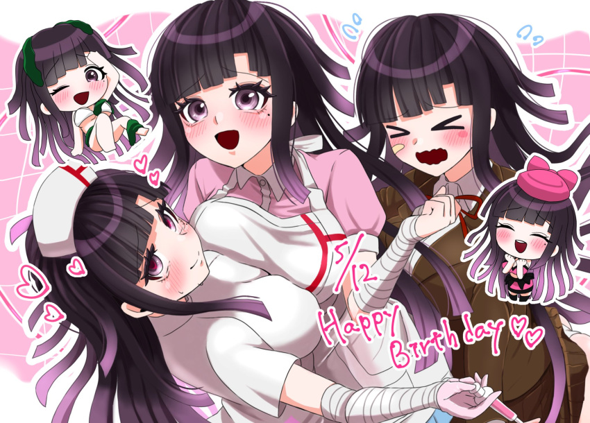 1girl :d bikini black_hair blush blush_stickers breasts collared_shirt danganronpa_(series) danganronpa_2:_goodbye_despair danganronpa_3_(anime) dated hands_up happy_birthday hat highres hope's_peak_academy_school_uniform large_breasts long_hair mole mole_under_eye mozuku_(iiiiiiimomo) multiple_views neck_ribbon nun official_alternate_costume pink_hat pink_shirt red_ribbon ribbon school_uniform shirt smile swimsuit tsumiki_mikan two-tone_shirt wavy_mouth white_bikini white_shirt