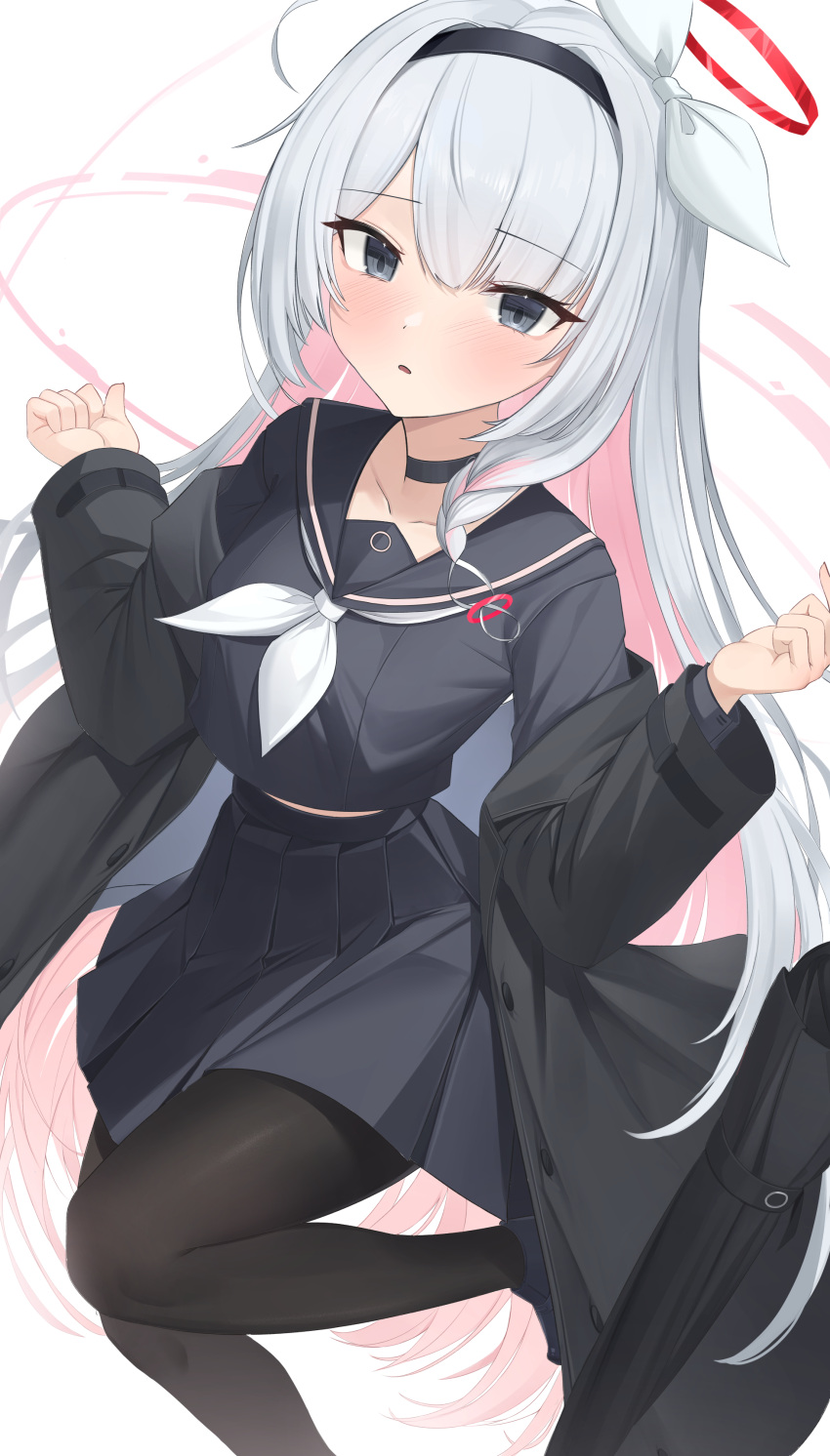 1girl absurdres black_choker black_coat black_eyes black_hairband black_pantyhose black_sailor_collar black_serafuku black_shirt black_skirt blue_archive blush braid choker coat colored_inner_hair commentary_request feet_out_of_frame grey_hair hair_ribbon hairband halo hands_up highres korean_commentary long_hair long_sleeves looking_at_viewer multicolored_hair neckerchief off_shoulder open_clothes open_coat pang-yo pantyhose parted_lips pink_hair plana_(blue_archive) pleated_skirt red_halo ribbon sailor_collar school_uniform serafuku shirt side_braid skirt solo very_long_hair white_neckerchief white_ribbon