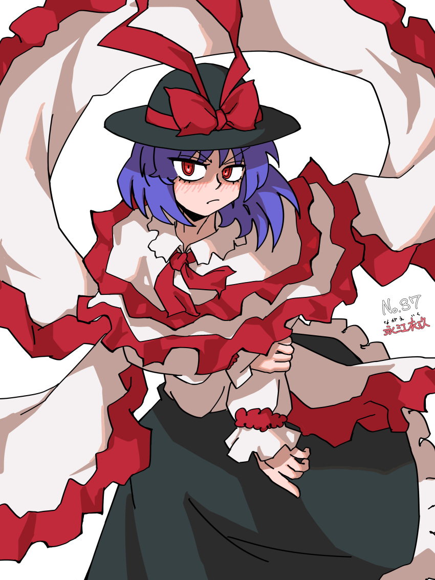 1girl absurdres black_hat black_skirt blush bow capelet closed_mouth commentary_request eddybird55555_(style) frilled_shawl frilled_skirt frills hat hat_bow highres holding_own_arm long_sleeves looking_at_viewer nagae_iku okinanocanvas purple_hair red_bow red_eyes ringed_eyes shawl short_hair simple_background skirt solo touhou white_background white_capelet