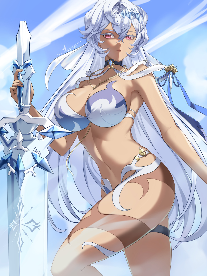 1girl absurdres bikini breasts choker dark-skinned_female dark_skin epic_seven greatsword hair_between_eyes hair_ornament highres holding holding_sword holding_weapon i_a_n large_breasts lethe_(epic_seven) long_hair looking_at_viewer navel red_eyes solo swimsuit sword weapon