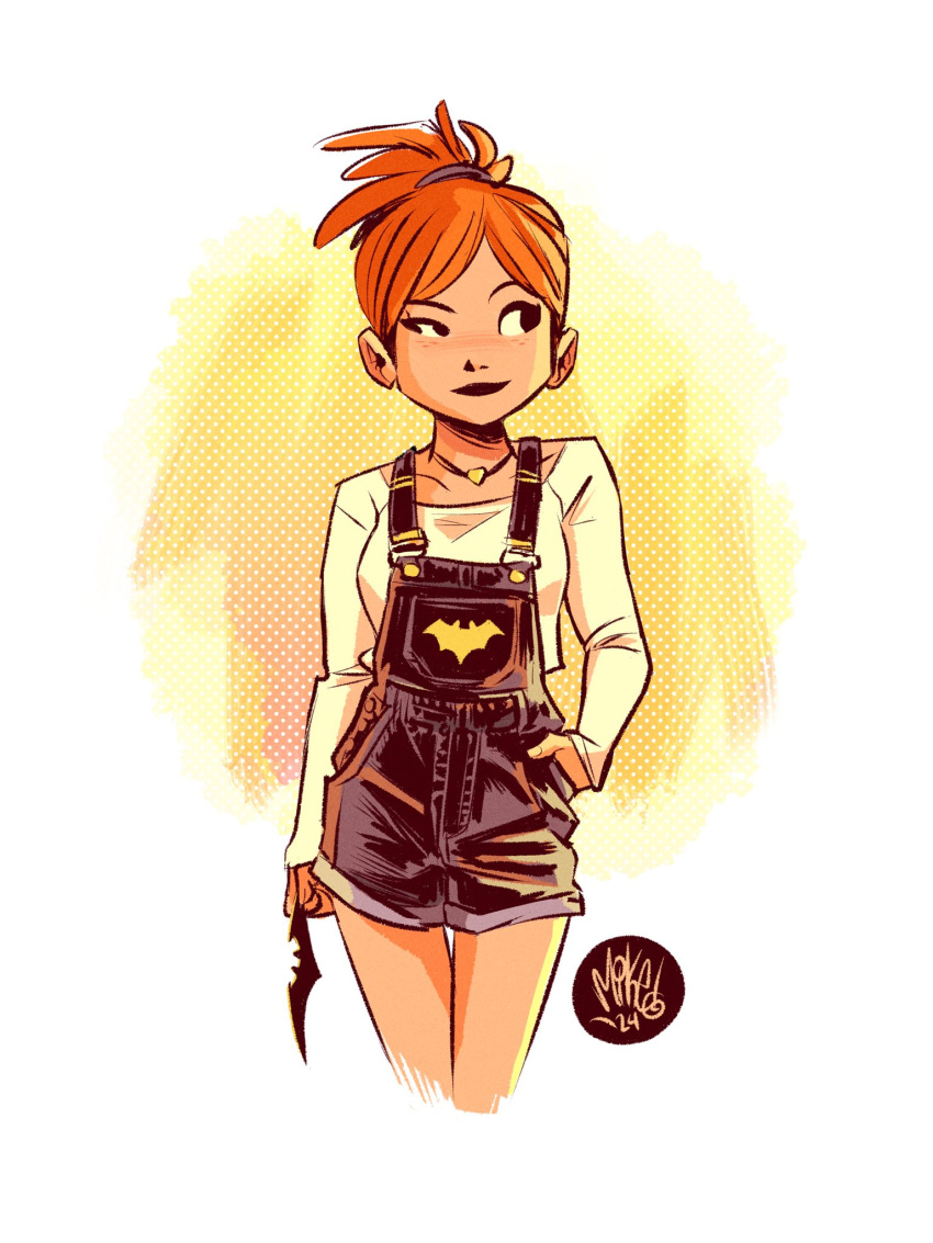 1girl animal_print artist_request bat_print batarang batgirl batman_(series) closed_mouth commentary dc_comics english_commentary highres insignia mikemaihack official_art orange_hair overalls red_hair shorts simple_background sketch smile solo white_background