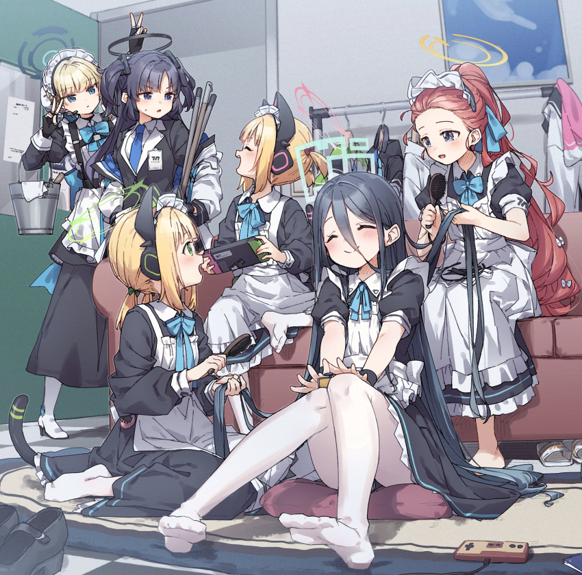 &lt;key&gt;_(robot)_(blue_archive) 6+girls absurdres adjusting_another's_hair animal_ear_headphones animal_ears apron aris_(blue_archive) aris_(maid)_(blue_archive) black_dress black_footwear blonde_hair blue_archive blue_eyes blue_halo bow bucket bun_cover cat_tail checkered_floor closed_eyes closed_mouth comb controller couch door double_v dress fake_animal_ears frilled_apron frills game_controller game_development_department_(blue_archive) green_eyes green_halo hair_bow hair_bun halo handheld_game_console headphones highres holding holding_bucket holding_comb holding_handheld_game_console indoors long_sleeves maid maid_apron maid_headdress mechanical_halo midori_(blue_archive) midori_(maid)_(blue_archive) momoi_(blue_archive) momoi_(maid)_(blue_archive) multiple_girls open_mouth pantyhose pink_halo purple_eyes purple_hair red_hair shoes short_sleeves siblings single_hair_bun sisters sitting smile tail toki_(blue_archive) twins two_side_up unworn_footwear v white_apron white_bow white_pantyhose yellow_halo yukie_(kusaka_shi) yuuka_(blue_archive) yuzu_(blue_archive) yuzu_(maid)_(blue_archive)