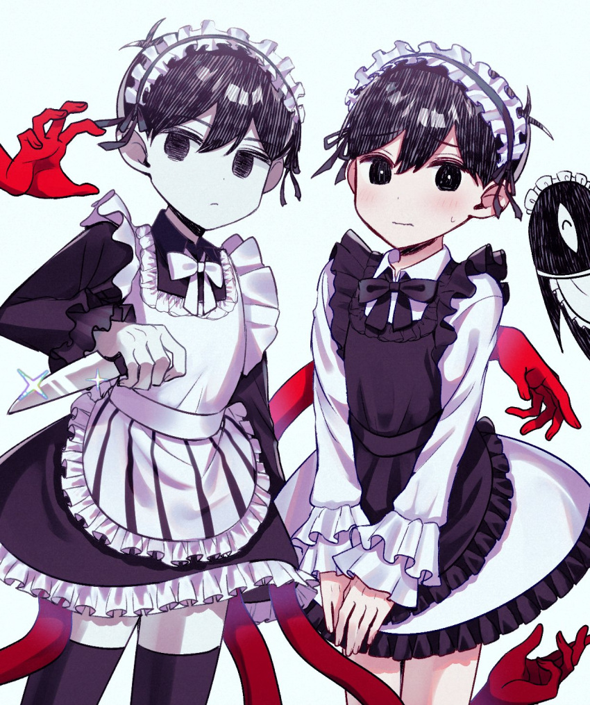 2boys alternate_costume black_eyes black_hair black_thighhighs blush closed_mouth colored_skin crossdressing enmaided highres holding holding_knife knife long_sleeves looking_at_viewer maid maid_headdress multiple_boys omori omori_(omori) short_hair something_(omori) sunny_(omori) sweatdrop thighhighs white_skin yutsu