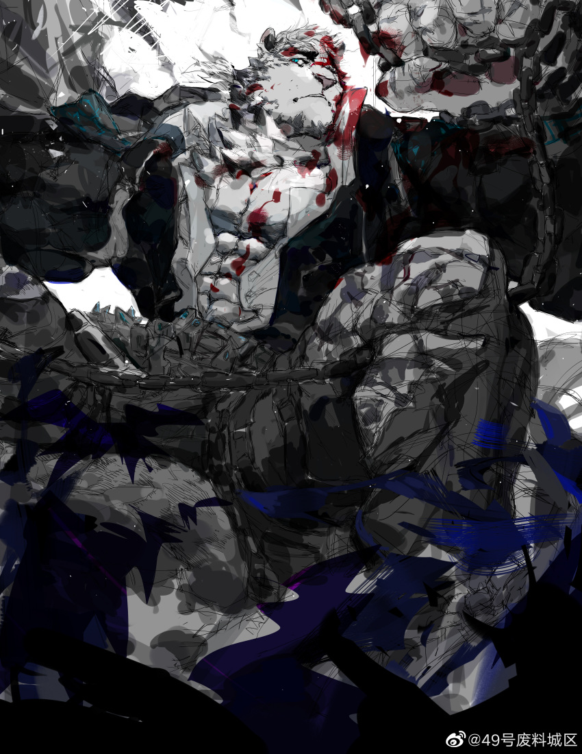 1boy 49hao_fei_liao_cheng_qu absurdres animal_ears arknights bara blood blood_on_face clenched_hand facial_hair feet_out_of_frame furry furry_male goatee highres jacket large_hands large_pectorals low_ponytail male_focus mountain_(arknights) muscular muscular_male muted_color official_alternate_costume open_clothes open_jacket pectoral_cleavage pectorals scar scar_across_eye scar_on_arm short_hair solo thick_eyebrows tiger_boy tiger_ears white_hair