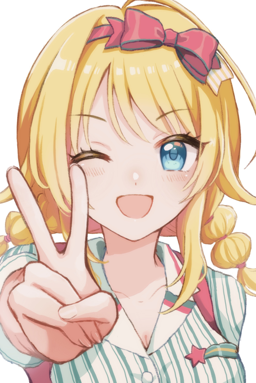 1girl ;d absurdres ahoge aqua_eyes blonde_hair blush bow_hairband breasts cleavage collarbone commentary fingernails foreshortening hachimiya_meguru hairband highres idolmaster idolmaster_shiny_colors looking_at_viewer one_eye_closed shirako_(srk_srtk) shirt simple_background smile solo striped_clothes striped_shirt symbol-only_commentary twintails upper_body v vertical-striped_clothes vertical-striped_shirt white_background