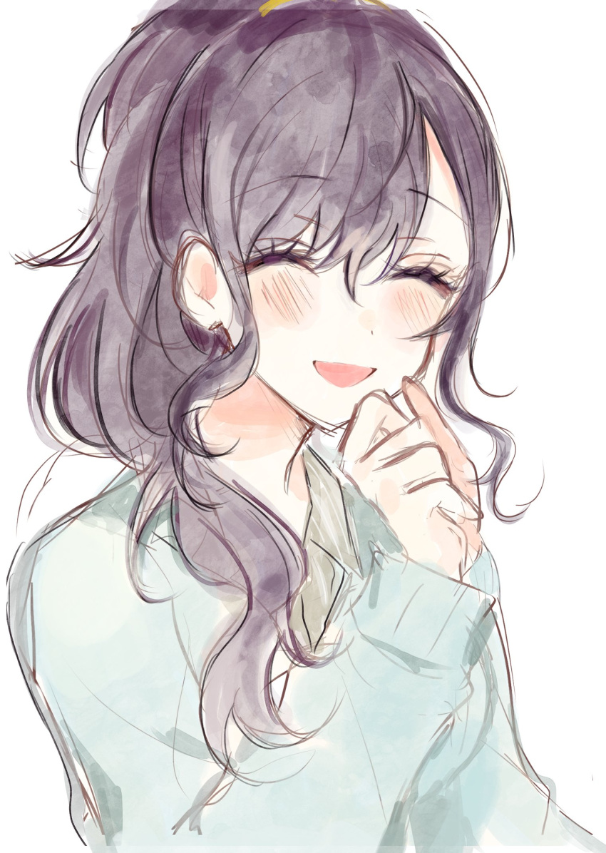 1girl :d ^_^ asahina_mafuyu blush closed_eyes csvakrj4bns9tmw facing_viewer hair_between_eyes hand_up highres long_hair long_sleeves non-web_source open_mouth ponytail project_sekai purple_hair shirt simple_background sketch smile solo upper_body white_background