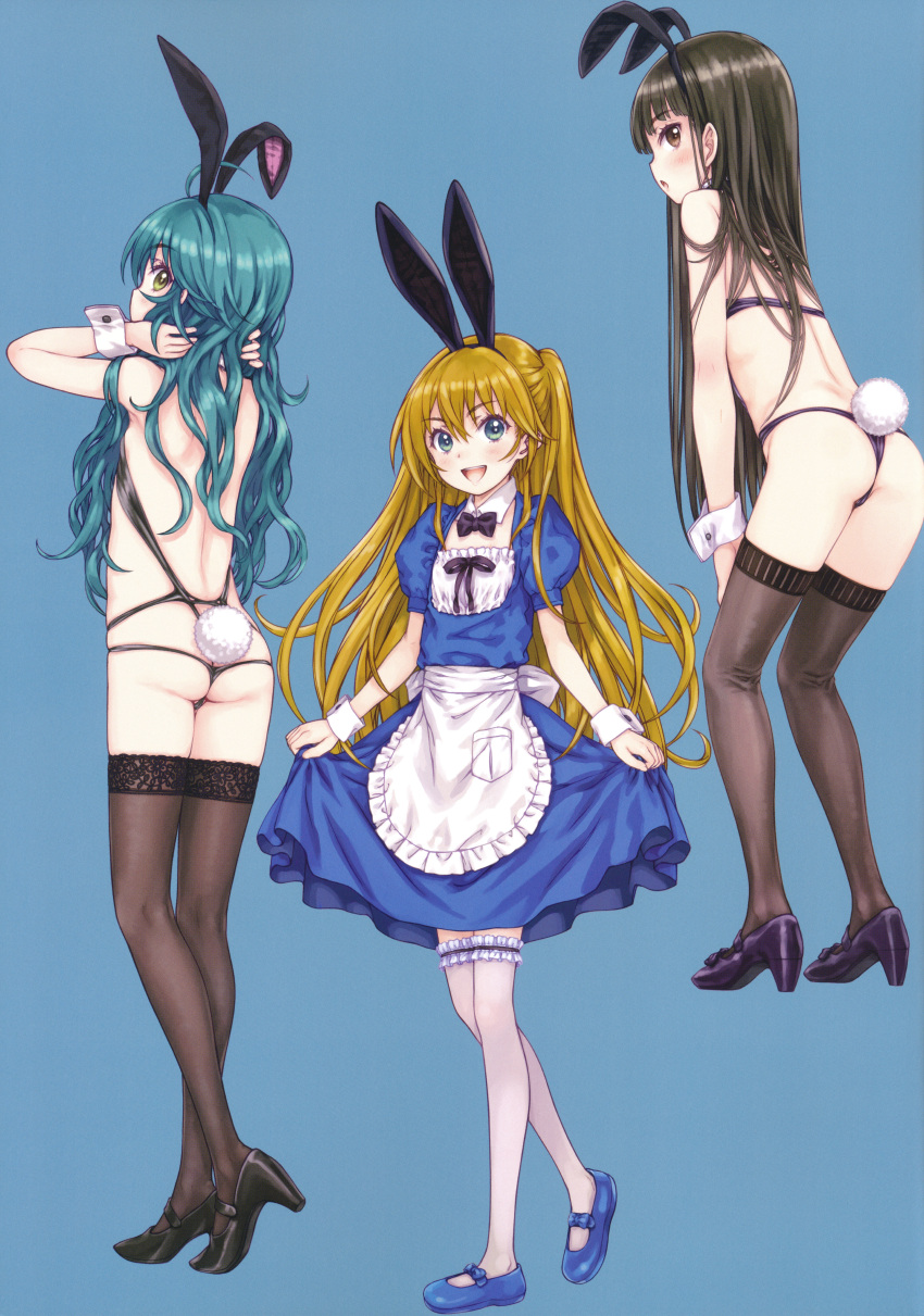 3girls absurdres animal_ears ass bangs black_hair black_legwear blonde_hair breasts brown_eyes focke_wulf full_body green_hair highres light_brown_hair looking_at_viewer multiple_girls navel non-web_source open_mouth original rabbit_ears rabbit_tail scan simple_background small_breasts smile solo tail white_legwear