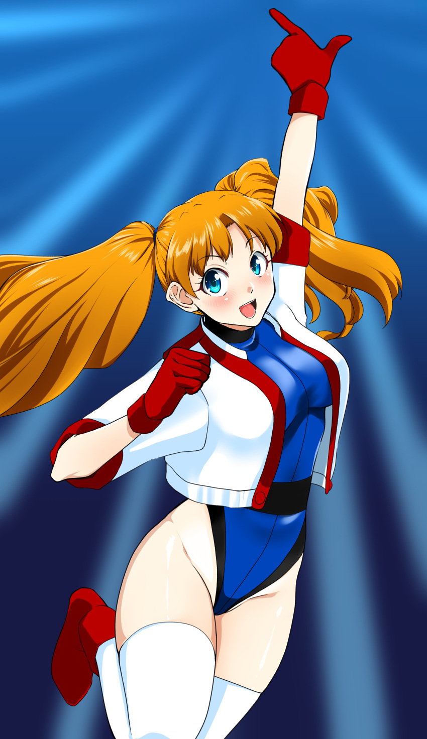 1girl absurdres arm_up athletic_leotard blue_eyes blue_leotard blush boots breasts brown_hair gloves groin highleg highleg_leotard highres jacket leotard long_hair nanao_futaba numan_athletics open_mouth red_footwear red_gloves sharon_les_halles smile solo thighhighs thighs twintails white_jacket white_thighhighs