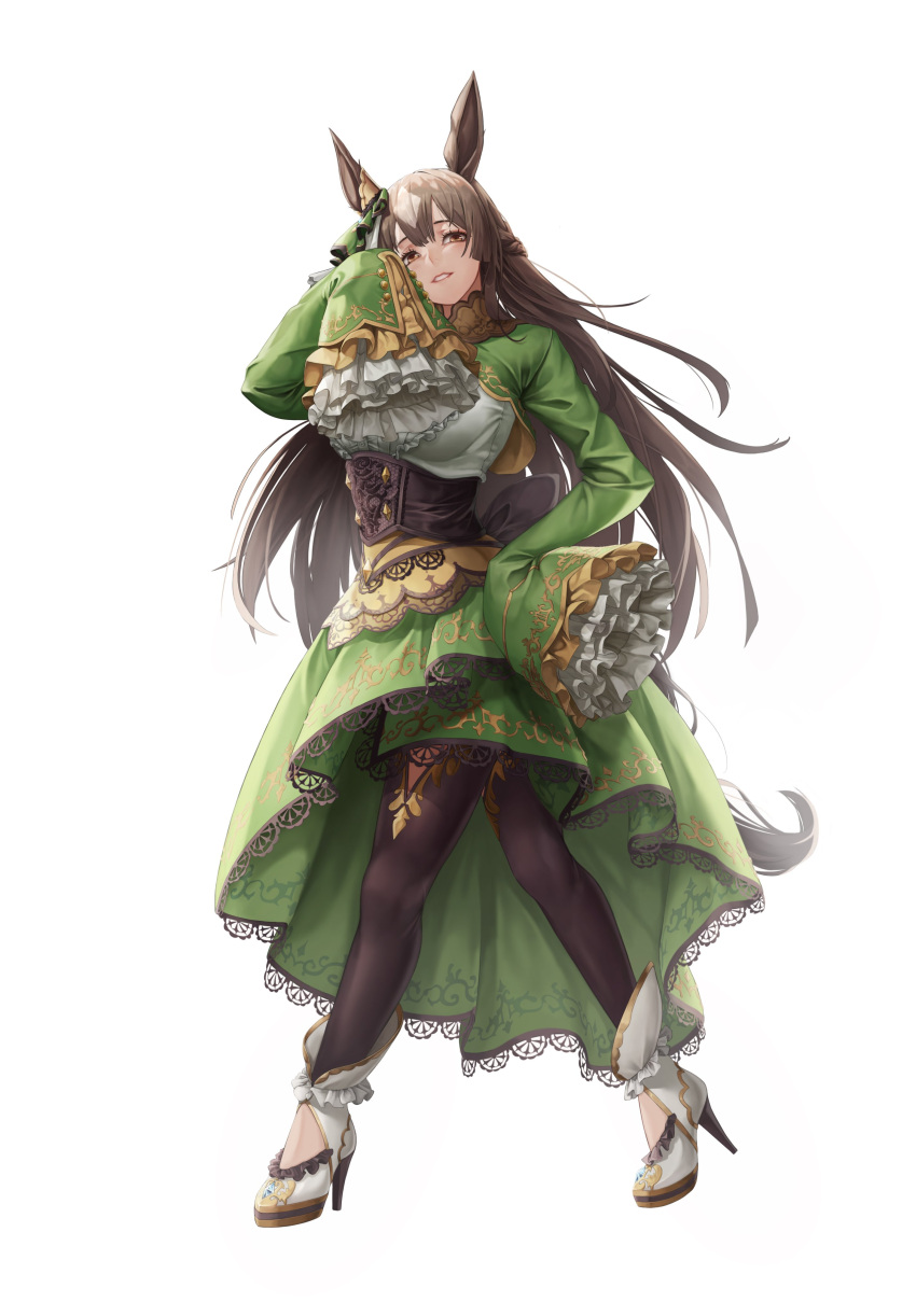 1girl absurdres animal_ears black_thighhighs breasts brown_eyes brown_hair ddolliddoll dress ear_ornament ear_ribbon full_body green_dress green_skirt hair_between_eyes hair_ornament high_heels highres horse_ears horse_girl horse_tail jewelry large_breasts long_hair long_sleeves looking_at_viewer multicolored_hair pantyhose puffy_sleeves satono_diamond_(umamusume) simple_background sitting skirt sleeves_past_fingers sleeves_past_wrists smile solo streaked_hair tail thighhighs umamusume very_long_hair white_background