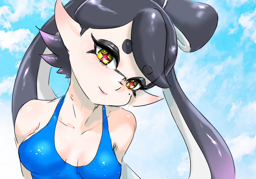 1girl bare_shoulders black_hair bow-shaped_hair breasts callie_(splatoon) cleavage closed_mouth collarbone cross-shaped_pupils gradient_hair highres inkling koharu2.5 lips medium_breasts mole mole_under_eye multicolored_hair pink_lips pointy_ears purple_hair red_pupils short_eyebrows smile solo splatoon_(series) symbol-shaped_pupils tentacle_hair two-tone_hair upper_body yellow_eyes