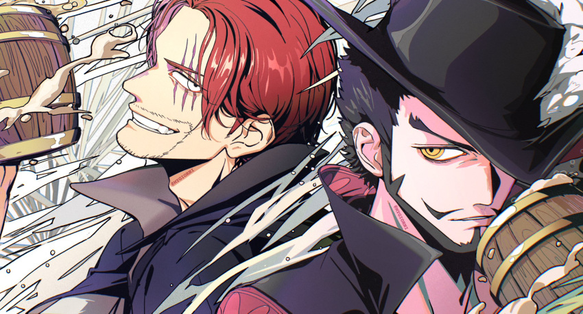 2boys beard black_hair commentary cup dracule_mihawk english_commentary facial_hair hat highres holding holding_cup male_focus multiple_boys mustache mygiorni one_piece pirate red_hair scar scar_across_eye scar_on_face shanks short_hair smile yellow_eyes