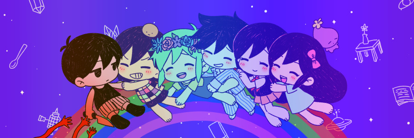 2girls 4boys aubrey_(headspace)_(omori) aubrey_(omori) barefoot basil_(headspace)_(omori) basil_(omori) black_eyes black_hair black_thighhighs blush chibi closed_eyes closed_mouth colored_skin expressionless green_hair grin hero_(headspace)_(omori) hero_(omori) highres holding holding_knife kel_(headspace)_(omori) kel_(omori) knife long_hair looking_at_another mari_(headspace)_(omori) mari_(omori) multiple_boys multiple_girls omori omori_(omori) open_mouth parted_lips pet_rock purple_hair rainbow save_1075 short_hair smile stuffed_eggplant stuffed_toy teeth thighhighs upper_teeth_only white_skin